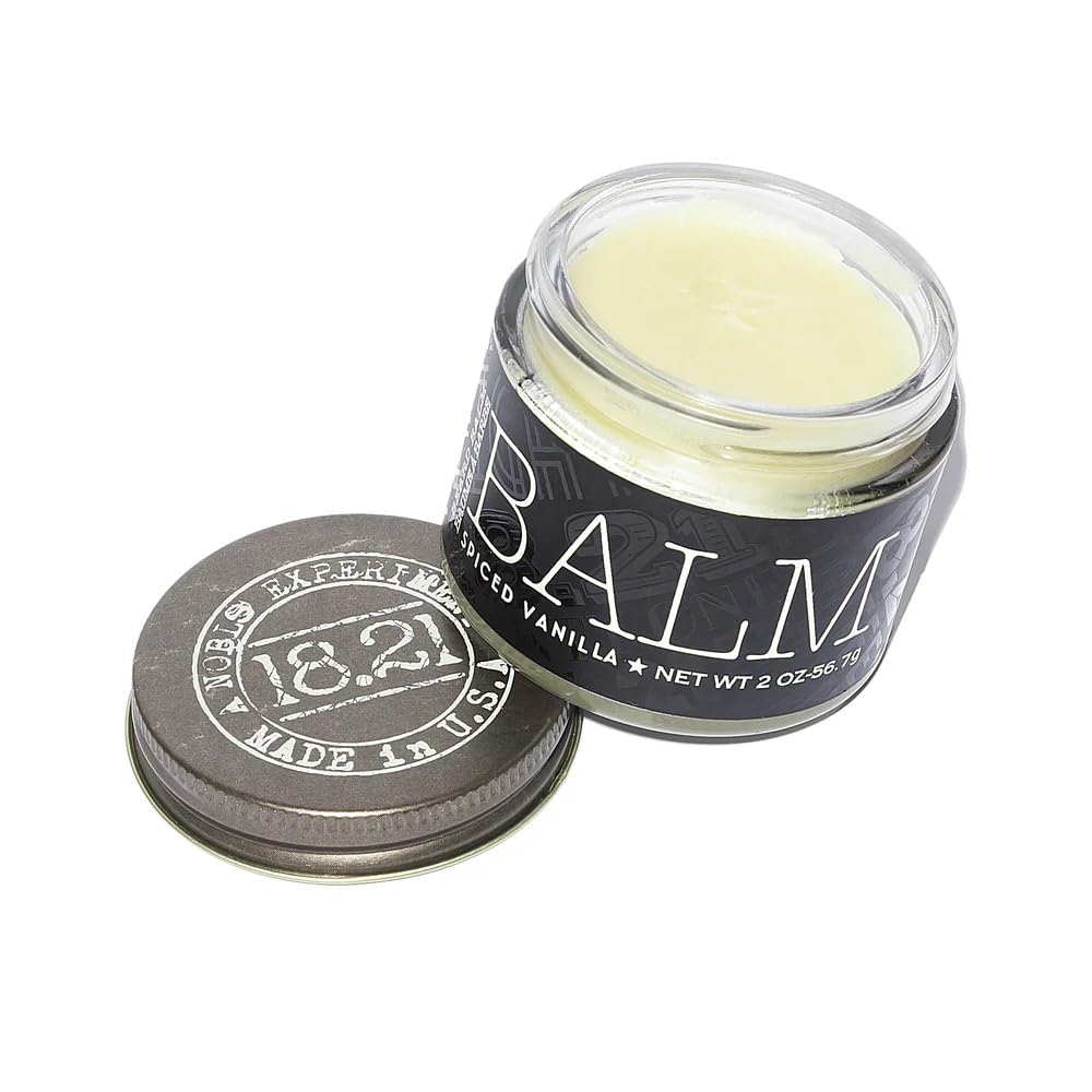 18.21 Man Made beard balm spiced vanilla bottle showing premium moisturizing formula