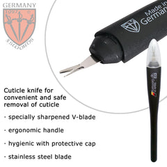 Transparent case protecting the cuticle knife for safe travel.