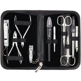 3 Swords Germany manicure kit in black leather case open for easy access