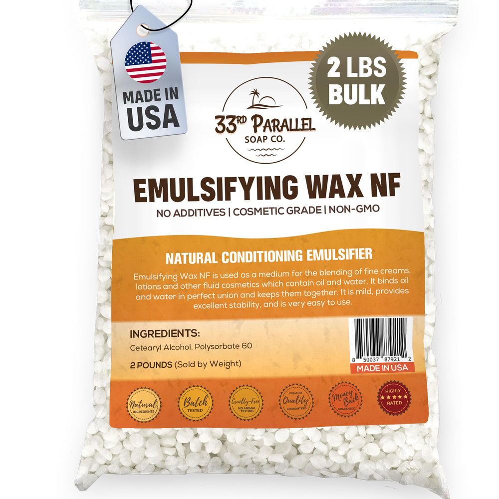 33RD PARALLEL SOAP CO Emulsifying Wax NF pastilles in a resealable bag for silky lotion emulsions.