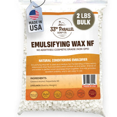 33RD PARALLEL SOAP CO Emulsifying Wax NF pastilles in a resealable bag for silky lotion emulsions.