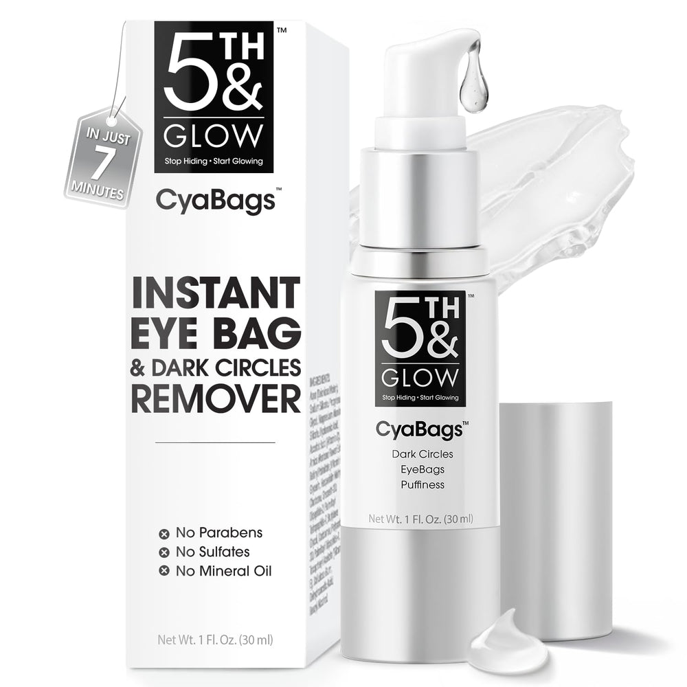 5th & Glow Cyabags eye serum bottle close-up highlighting premium packaging and easy grip.