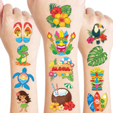 91TATTOOS Hawaiian Luau tattoo sheets with tropical designs for kids’ party fun.