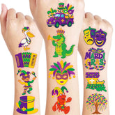 91TATTOOS Mardi Gras tattoo sheets provide vibrant designs for kids' parties.