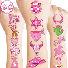 91TATTOOS pink disco cowgirl tattoo sheet for kids' party fun and face art.