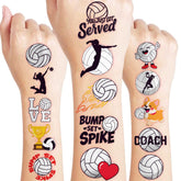 91TATTOOS volleyball sheet closeup shows vivid pre-cut designs for kids' party favors.