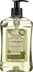 Jabón líquido de manos A LA MAISON con romero y menta, botella clara y atractiva.