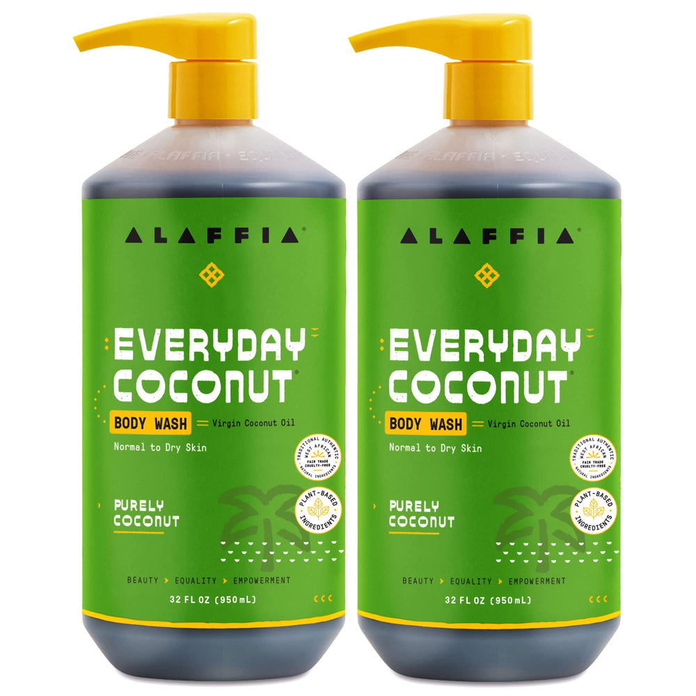 Alaffia Everyday Coconut body wash bottle front shows 2-pack.