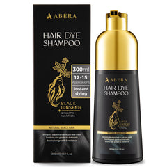 ABERA Hair Dye Shampoo bottle shows quick black color for gray coverage.