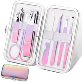 Aceoce manicure set with seven tools neatly stored in a case for organized daily grooming.