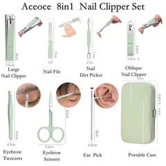 Aceoce manicure tools including scissors, file, and tweezers for complete care.