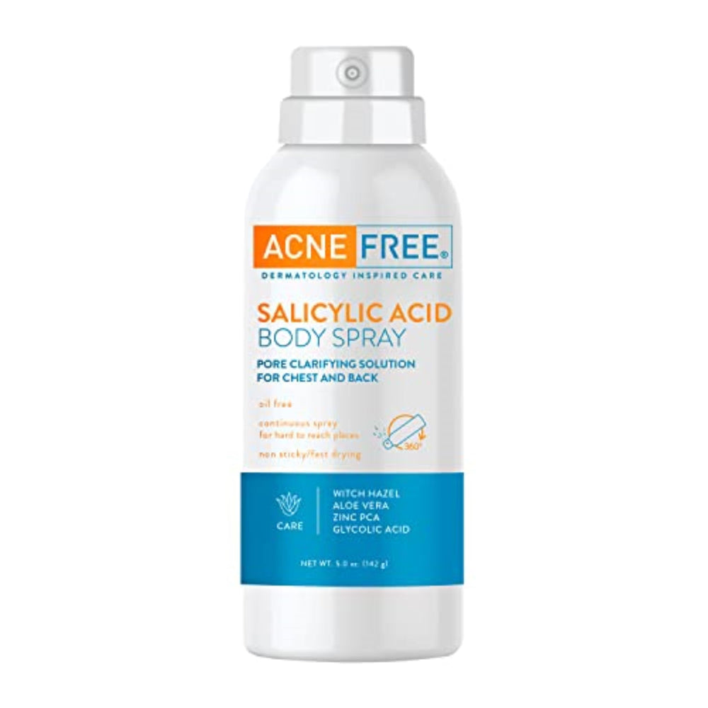 AcneFree Spray Cuerpo: botella inclinada para aplicar en espalda de forma cómoda.
