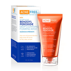 AcneFree Severe Acne wash bottle with 10% benzoyl peroxide for deep pore cleansing.
