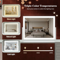 Acoolda vanity mirror with lights displaying warm, white, and natural color modes for accurate tones
