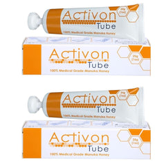 ActivOn two-pack Manuka honey gel tubes, front view, ready for natural wound care and cleaning.