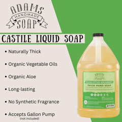 Adams Handmade Soap Castile label-front emphasizes eco-friendly, vegan, cruelty-free cleansing