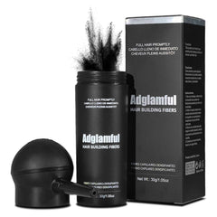 Adglamful fibras capilares en botella para cobertura rápida del cabello.