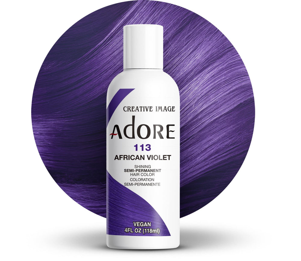 Adore African Violet semi-permanent dye bottle showing vibrant color for bold looks.