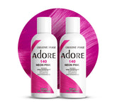 Adore neon pink hair dye bottle shows high-pigment color payoff.
