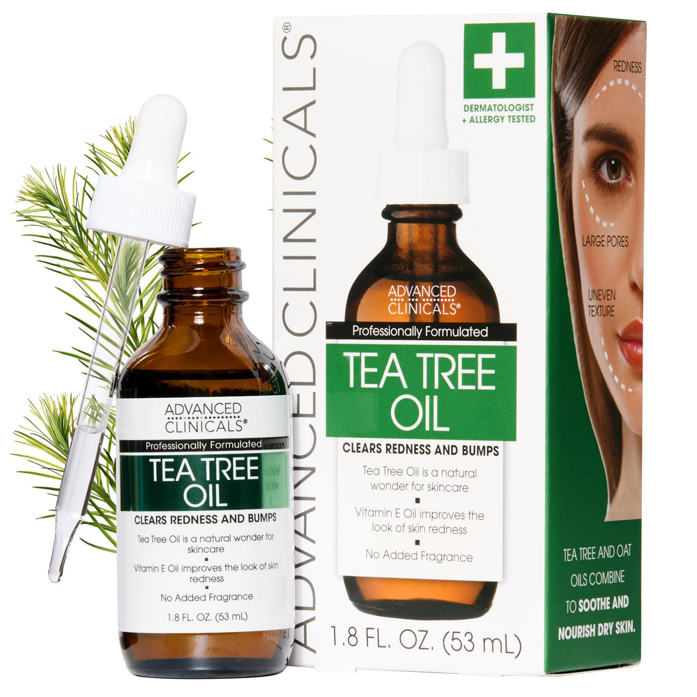 Advanced Clinicals Aceite de Árbol de Té serum frente, piel más suave y uniforme