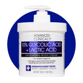 Advanced Clinicals bottle pour shows 10% glycolic-lactic lotion for smoother skin.