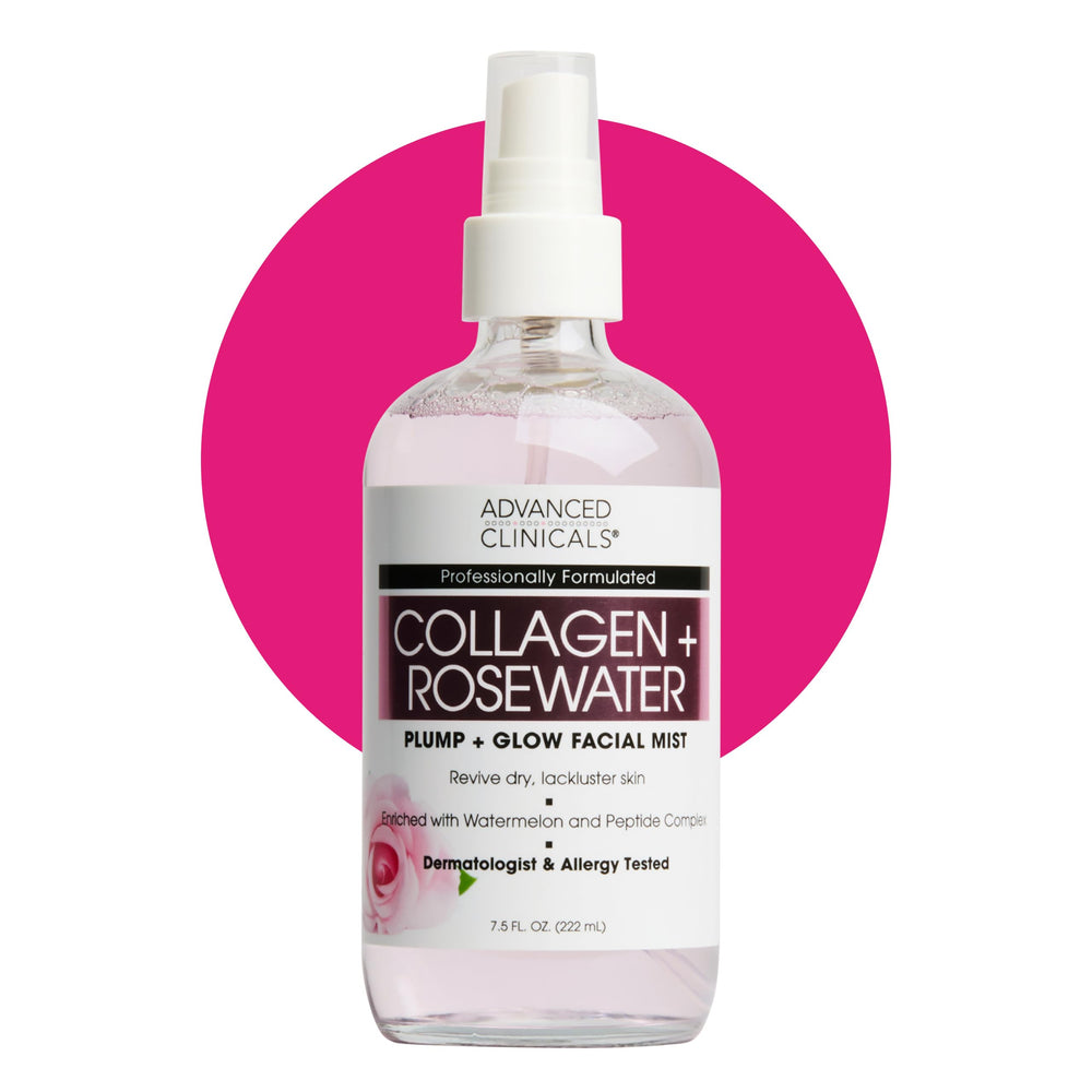 Advanced Clinicals bruma facial con colágeno y agua de rosas, botella lista para hidratación instantánea.