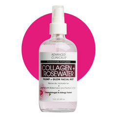 Advanced Clinicals bruma facial con colágeno y agua de rosas, botella lista para hidratación instantánea.