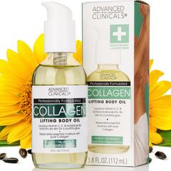 Advanced Clinicals: botella de aceite de colágeno para cuerpo, hidratación visible.