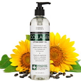 Advanced Clinicals Hydrating Collagen Oil bottle pour demonstrates moisture delivery.