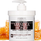 Advanced Clinicals Miel de Manuka crema corporal, botella visible, hidratación profunda para piel seca.