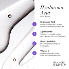 Advanced Clinicals suero hialurónico, aplicación suave en rostro y cuello.