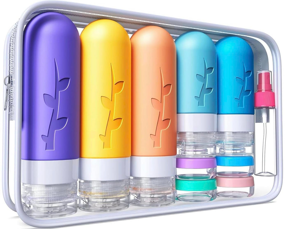 Aeomni 19-pack travel bottles setup for tidy packing and spill-free travel.