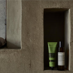 Aesop Geranium Leaf Exfoliating Body Scrub bamboo stem graphic highlights natural exfoliant
