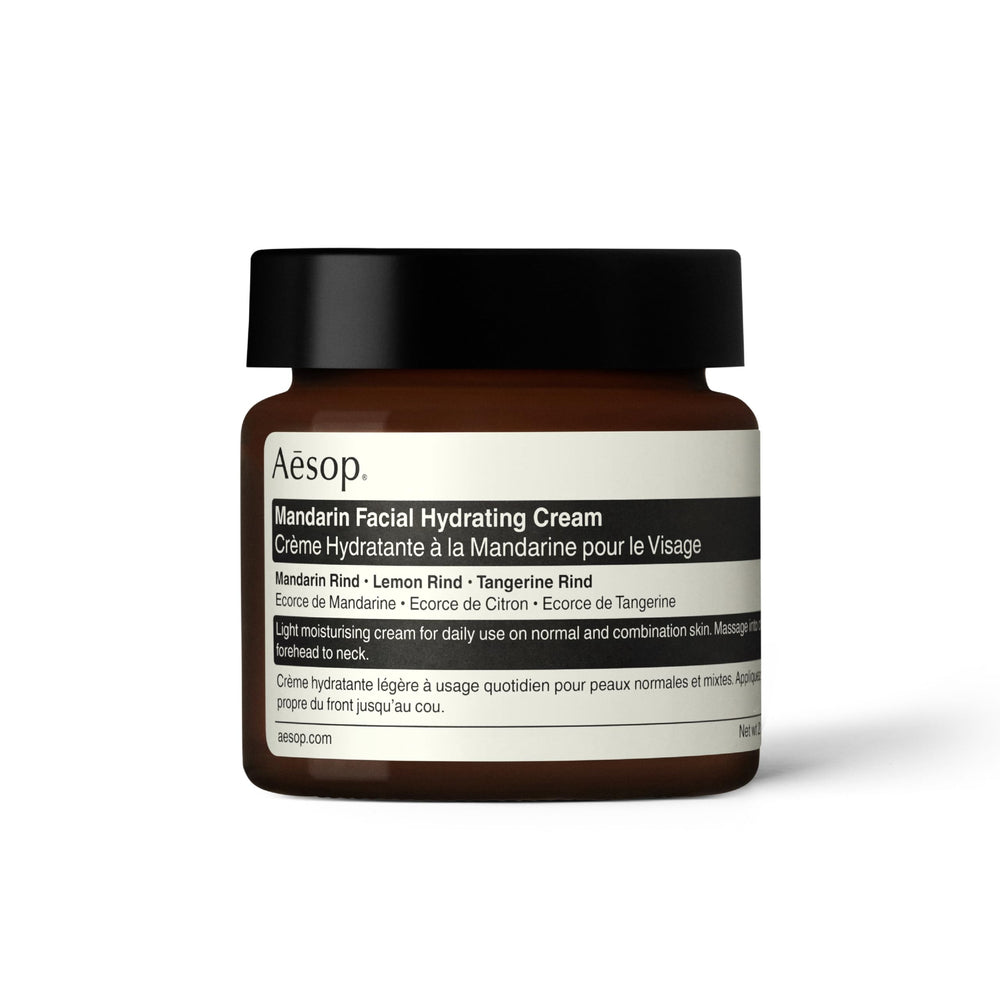 Aesop Mandarin Facial Hydrating Cream bottle close-up, cooling citrus blend for balanced skin.