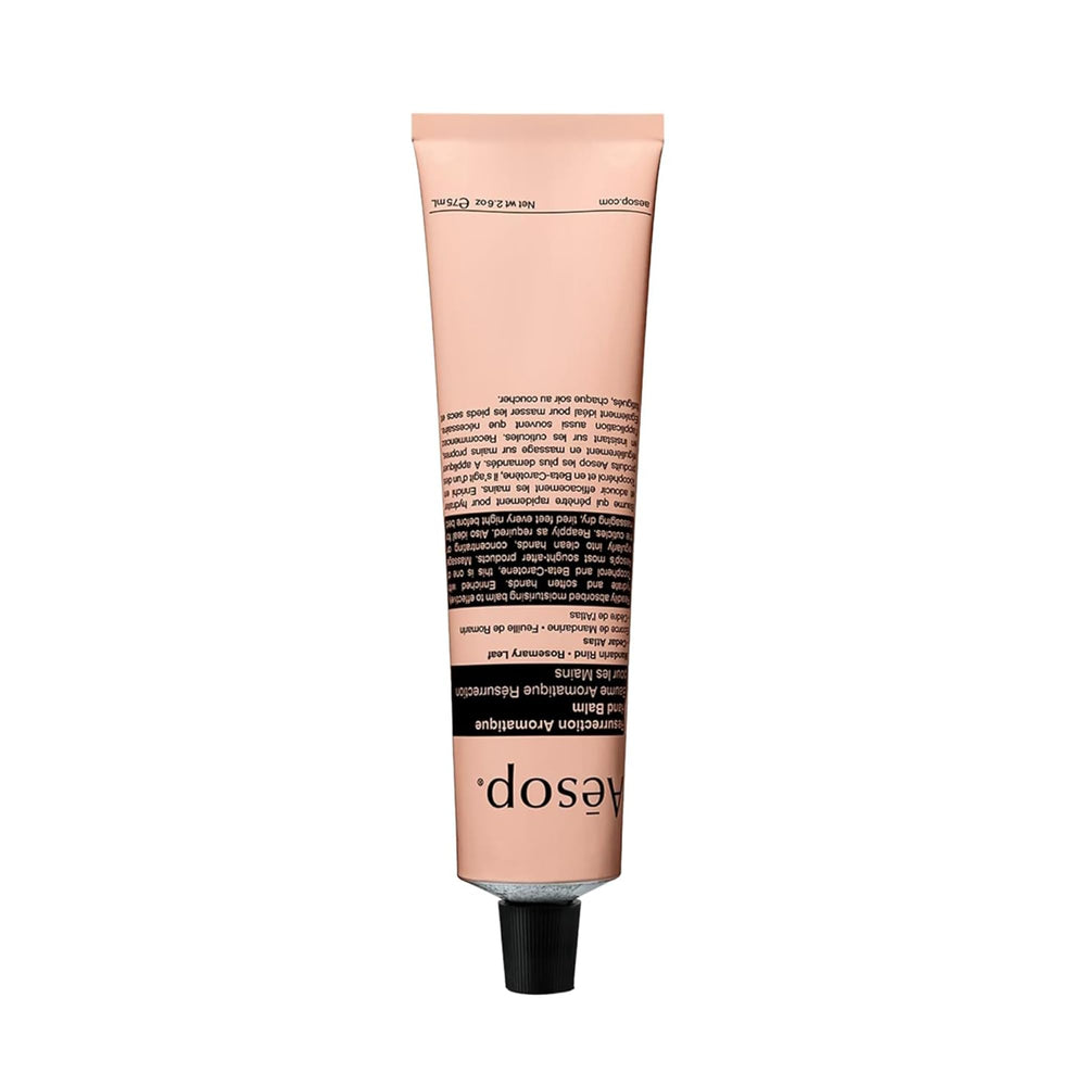 Aesop Resurrection Hand Balm tube close-up, showcasing premium packaging and nourishing formula.