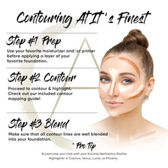 Aesthetica contour-shade swatches showcase six blendable tones for fair to deep skin.