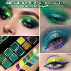 Afflano aplicación de sombra verde multicromática para delinear ojos definidos.