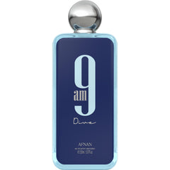 Afnan 9 AM Dive bottle front view, sleek unisex design for everyday wear.