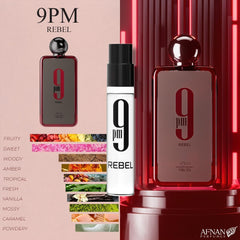 Afnan 9PM Men 2ml vial, confident evening aroma.