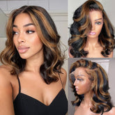 Afribye 13x6 highlight body wave lace front wig featuring natural ombre and voluminous texture.