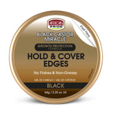 African Pride Black Castor Miracle Hold bottle shows strong edge hold for sleek edges.