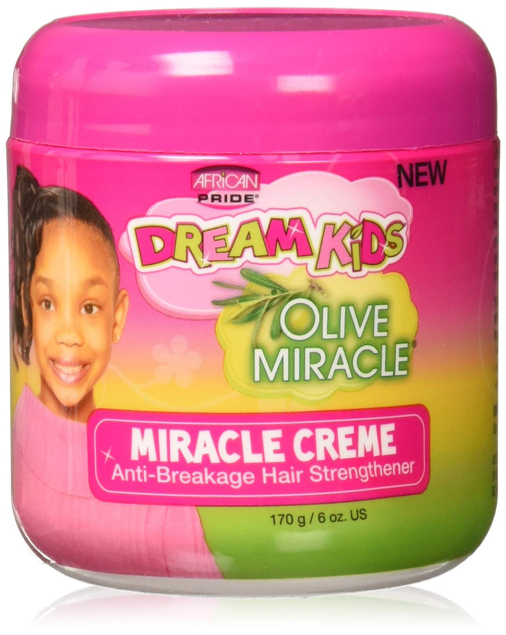 African Pride Dream Kids Olive Miracle Creme bottle highlights shine and moisture for kids' hair.