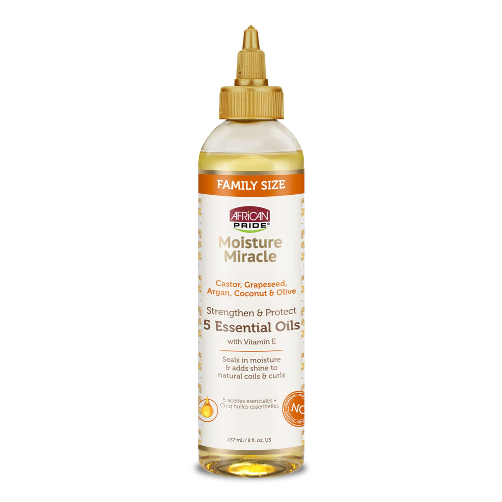 African Pride Moisture Miracle: botella de aceites esenciales para hidratación capilar.