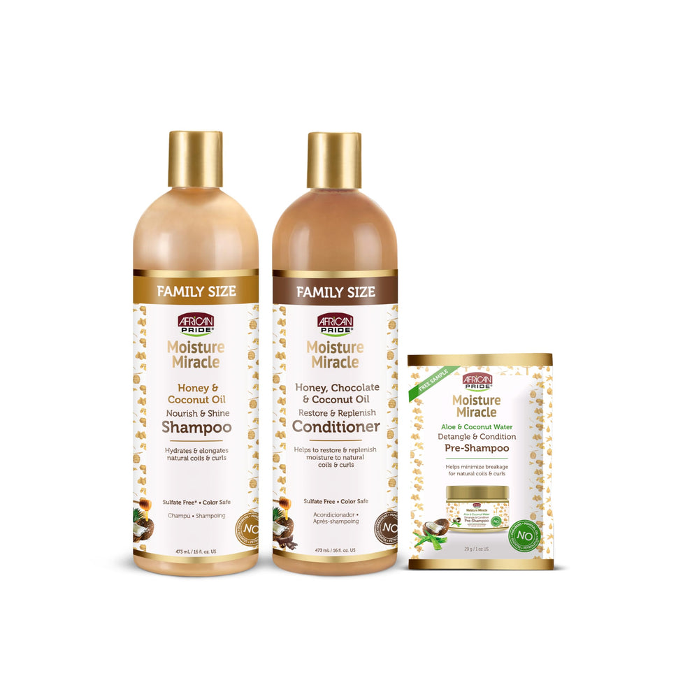 Botella de African Pride Moisture Miracle con miel y coco para cabello natural.