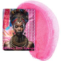 AFRIKI African Net Sponge in pink, 45in, provides gentle exfoliation for shower skin.