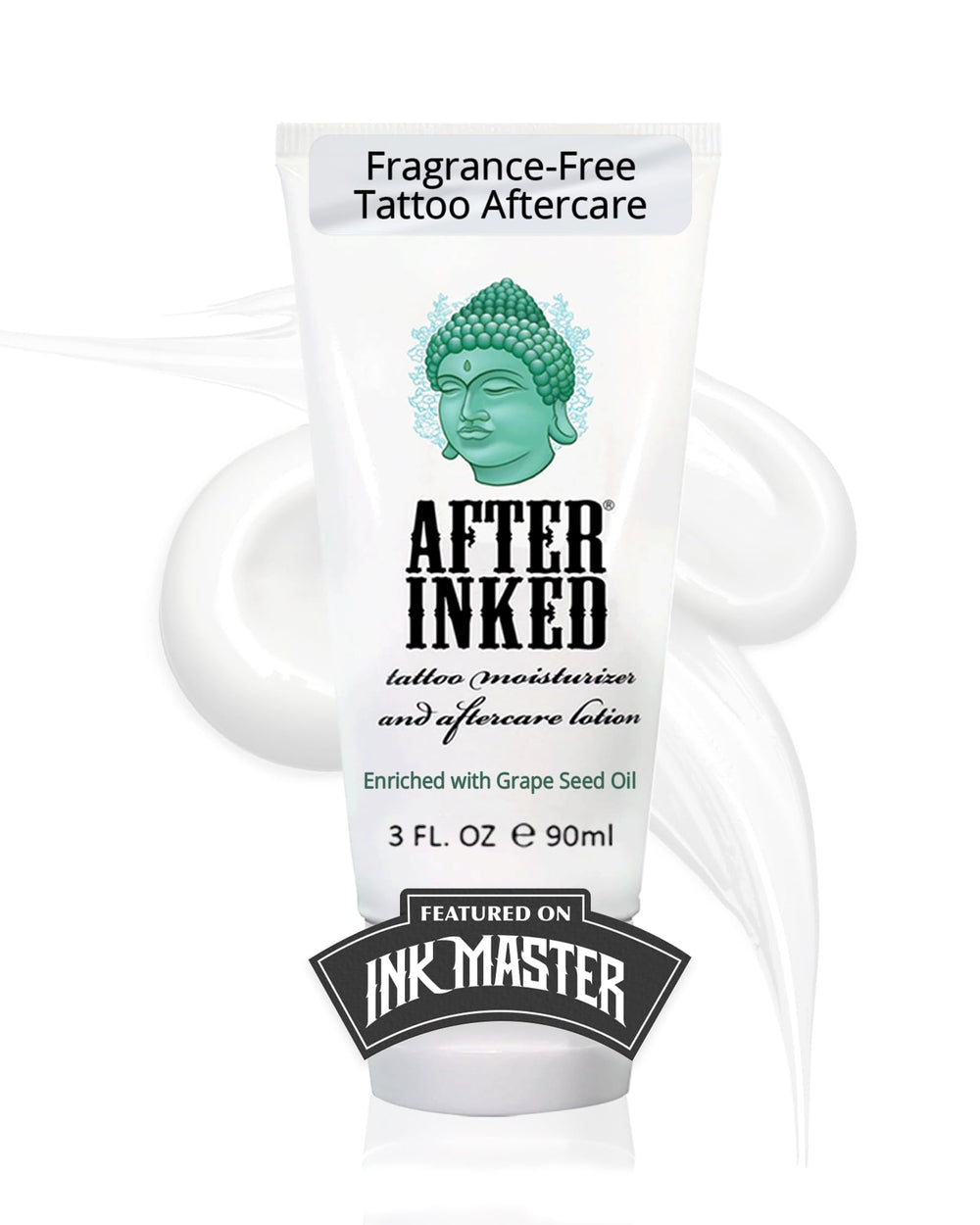 After Inked tattoo lotion bottle highlighting hydration for vibrant ink.