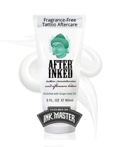 After Inked tattoo lotion bottle highlighting hydration for vibrant ink.