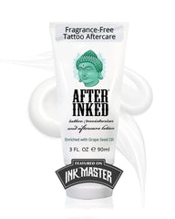 After Inked tattoo lotion bottle highlighting hydration for vibrant ink.