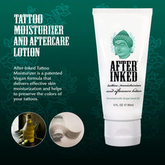 After Inked lotion label emphasizing vegan, cruelty-free formula and fragrance-free care.