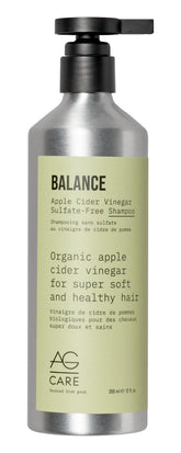 AG Care Balance Apple Cider Vinegar Shampoo bottle demonstrates gentle, sulfate-free cleansing.